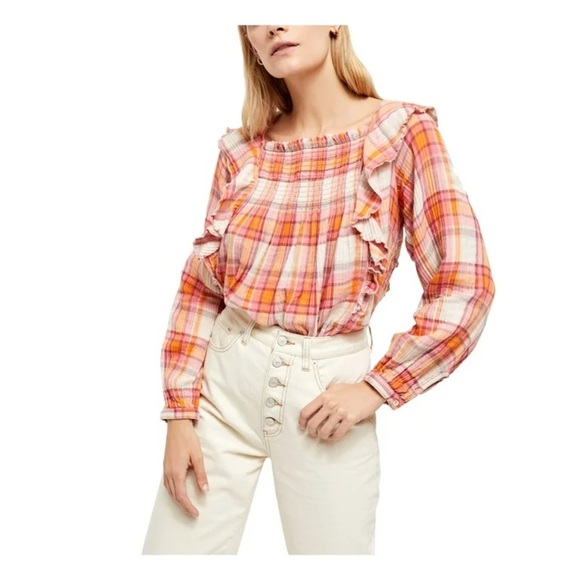 Free People Ruffled Ruched Plaid Long Sleeve Square Neck Top Pink Size XS - Picture 1 of 7